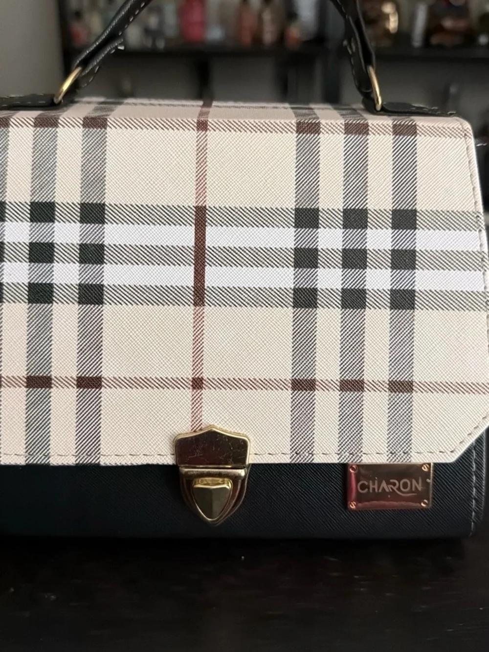 Beige Plaid Crossbody Bag with Black Trim